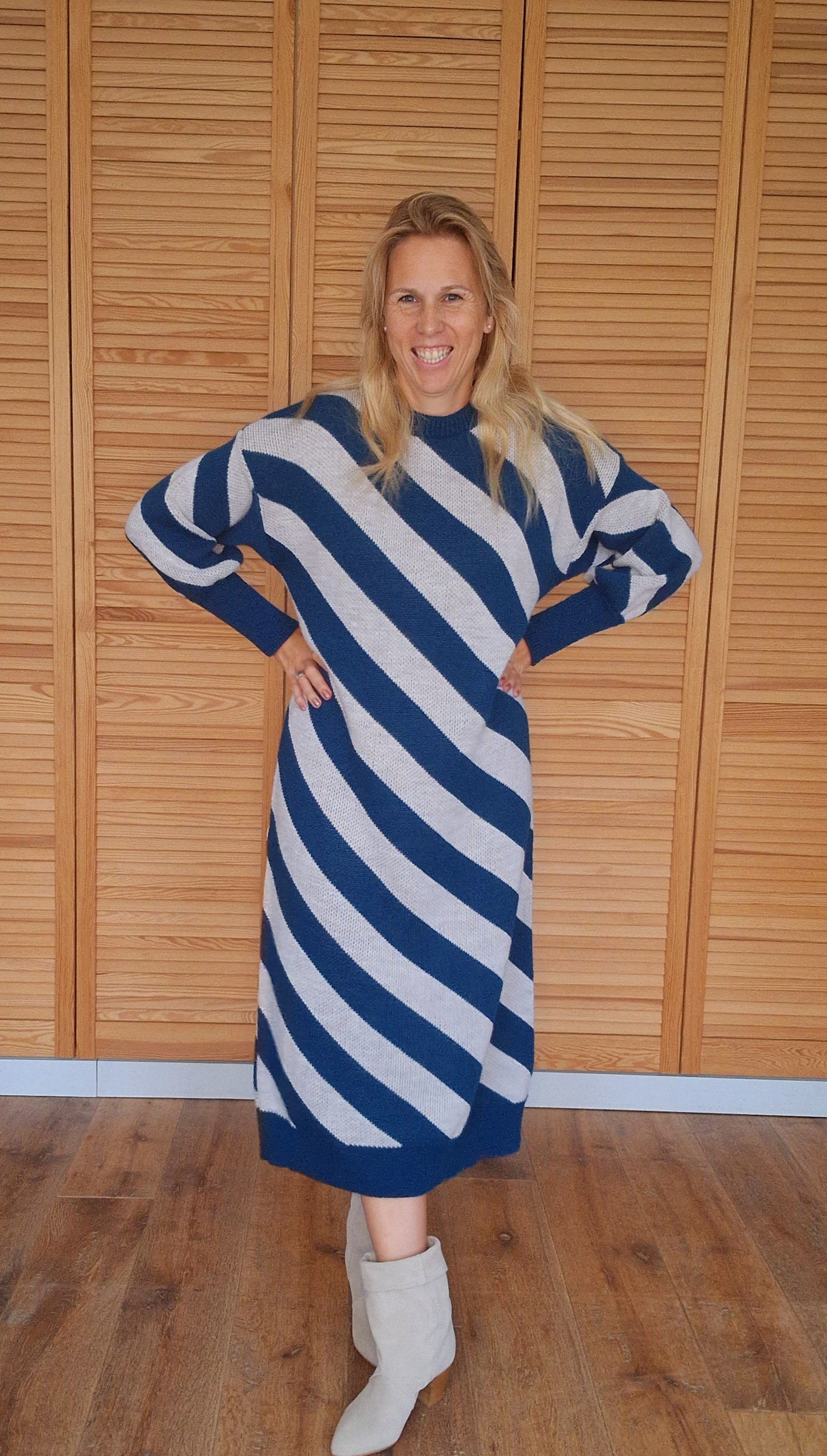 Stripes jurk beige petrol