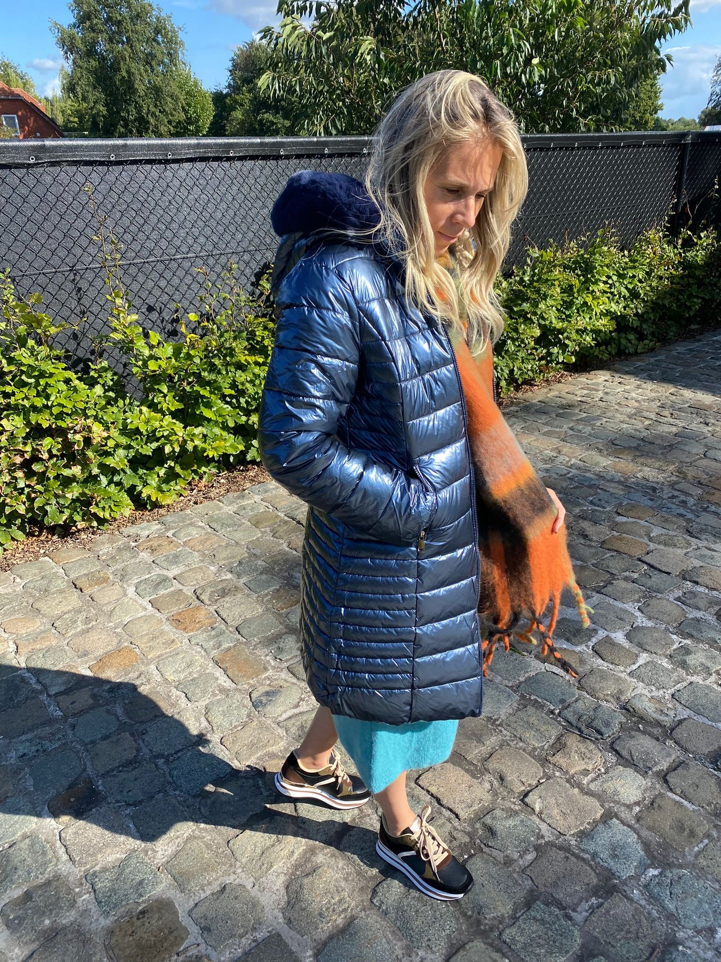 Shiny Buffer coat Blue met donzen kap