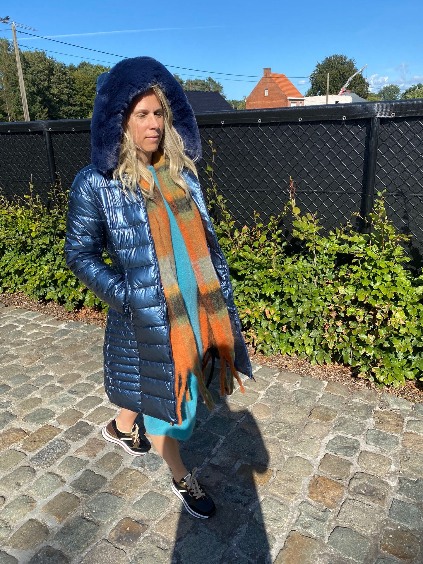 Shiny Buffer coat Blue met donzen kap