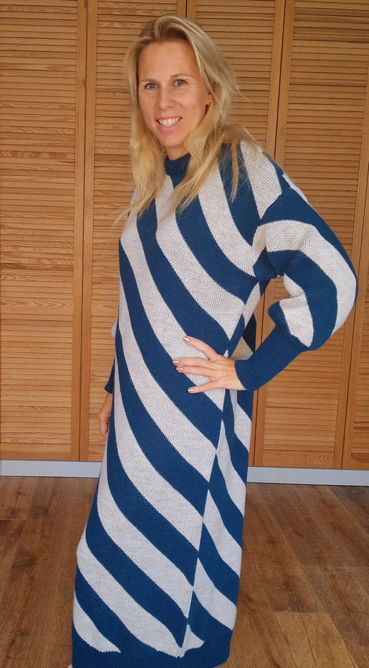 Stripes jurk beige petrol